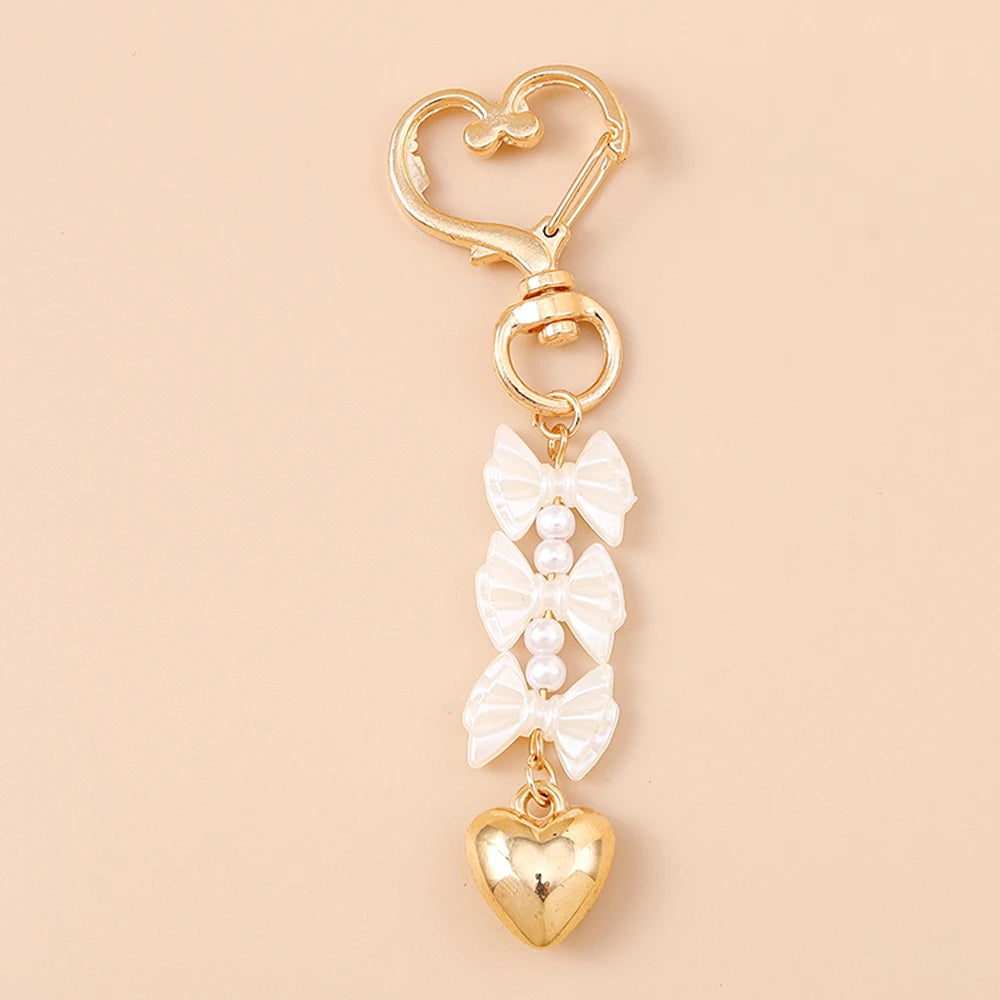 Aihua Cute Y2K Metal Shell Love Heart Key Chain Pearl Key Ring for Women Girl Handbag Pendants DIY Handmade Jewelry Accessories