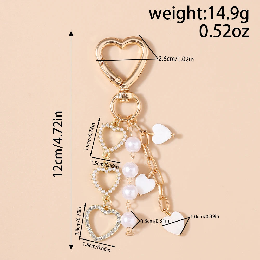 Aihua Cute Y2K Metal Shell Love Heart Key Chain Pearl Key Ring for Women Girl Handbag Pendants DIY Handmade Jewelry Accessories
