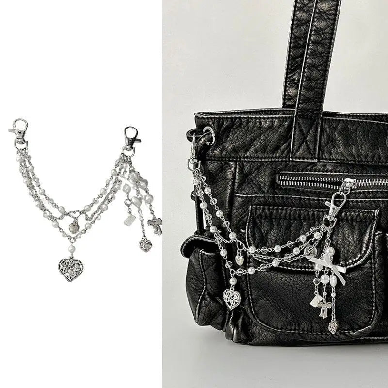 Y2K Pearl Bag Chain Strawberry Love Heart Bow Pendant Chain Strap For Bags Multi-layer Bag Chain Handbag DIY Handles Accessories