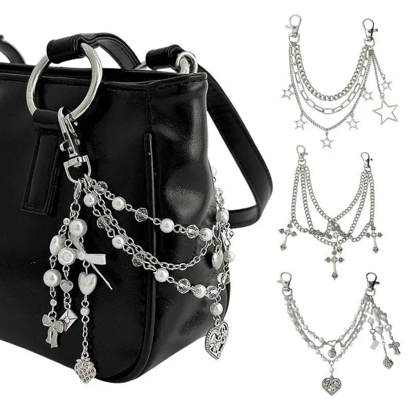 Y2K Pearl Bag Chain Strawberry Love Heart Bow Pendant Chain Strap For Bags Multi-layer Bag Chain Handbag DIY Handles Accessories