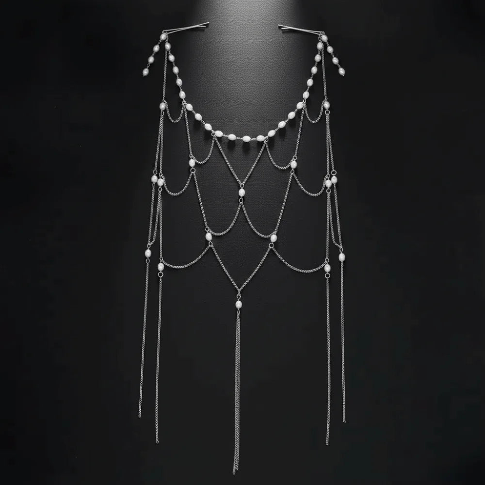 INS Vintage Bridal Head Chain Zircon Hollow Headpiece Pearl Headpiece Mesh Elegant Tassel Hair Chain Niche