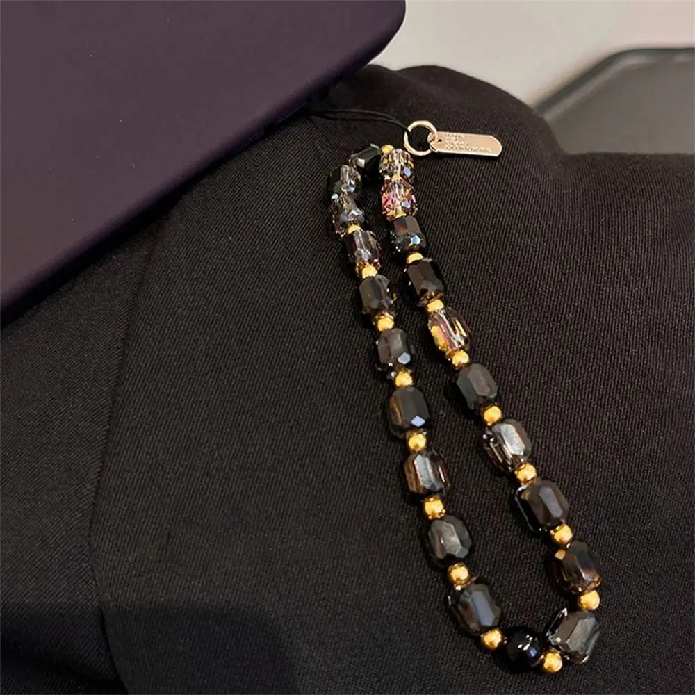 Luxury Black Gold Crystal Phone Chain Strap Bead Korean Bracelet For iPhone Samsung Accessories Hanging Rope Pendant Jewelry