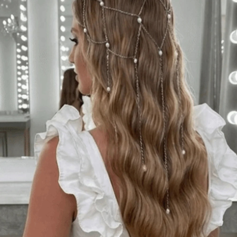 INS Vintage Bridal Head Chain Zircon Hollow Headpiece Pearl Headpiece Mesh Elegant Tassel Hair Chain Niche