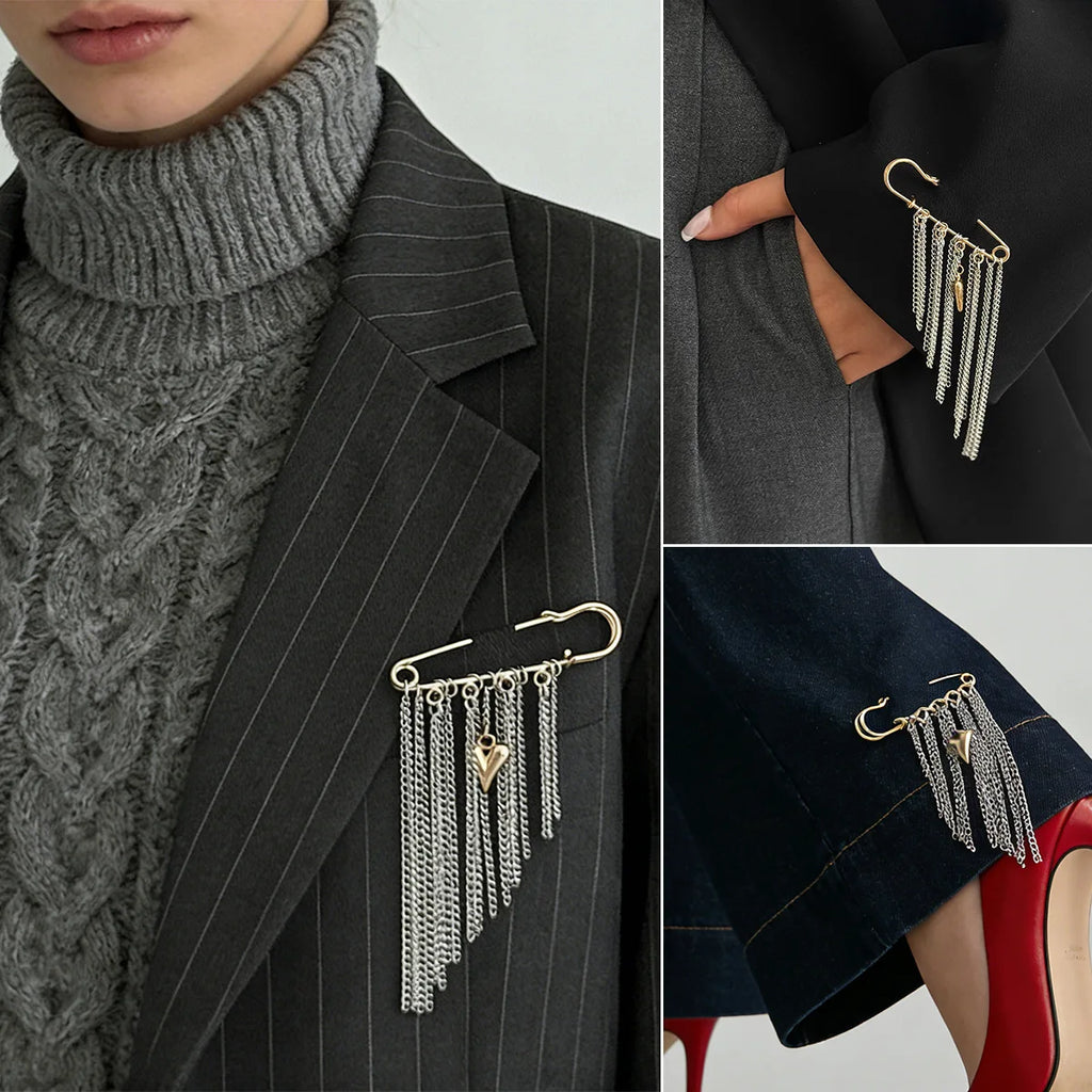 Love Heart Pendant Safety Pin for Pants Shortening Decorative Chain Tassel Hem Clip Versatile Minimalist Metal