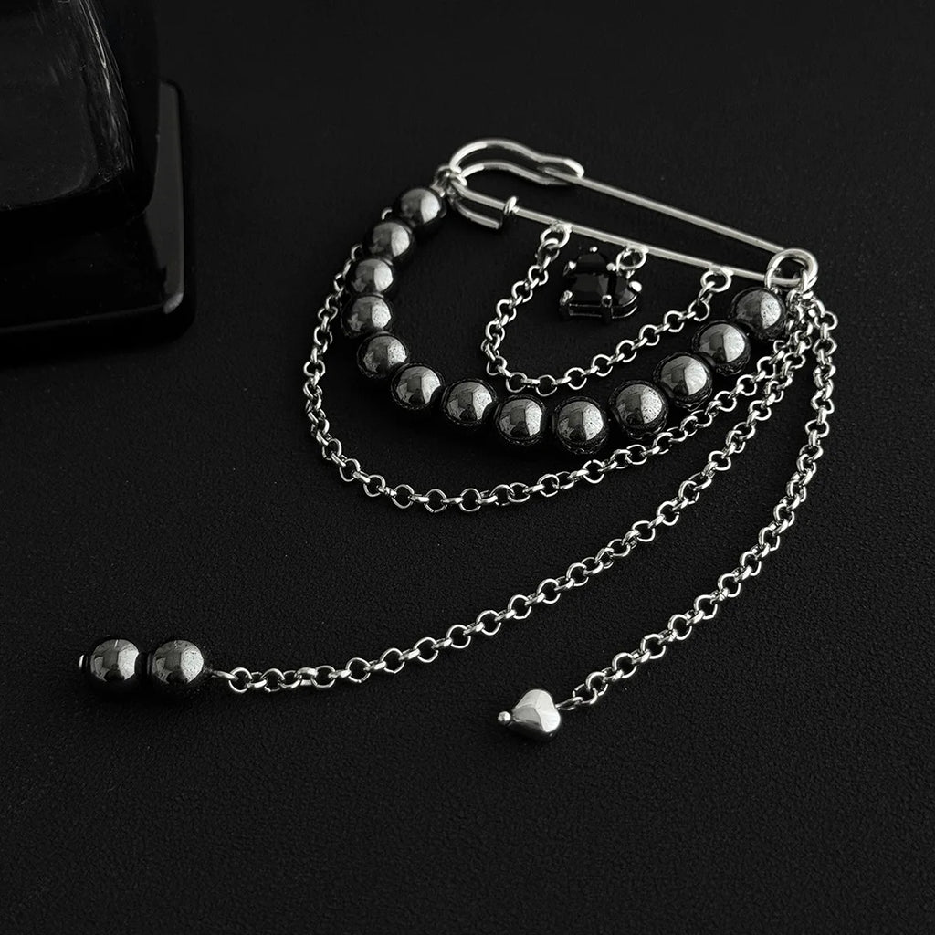 Black Crystal Heart Pendant Brooches Women Irregular CCB Beaded Chain Multi-Layer Tassel Brooch Pin Pants Ankle Chain Jewelry