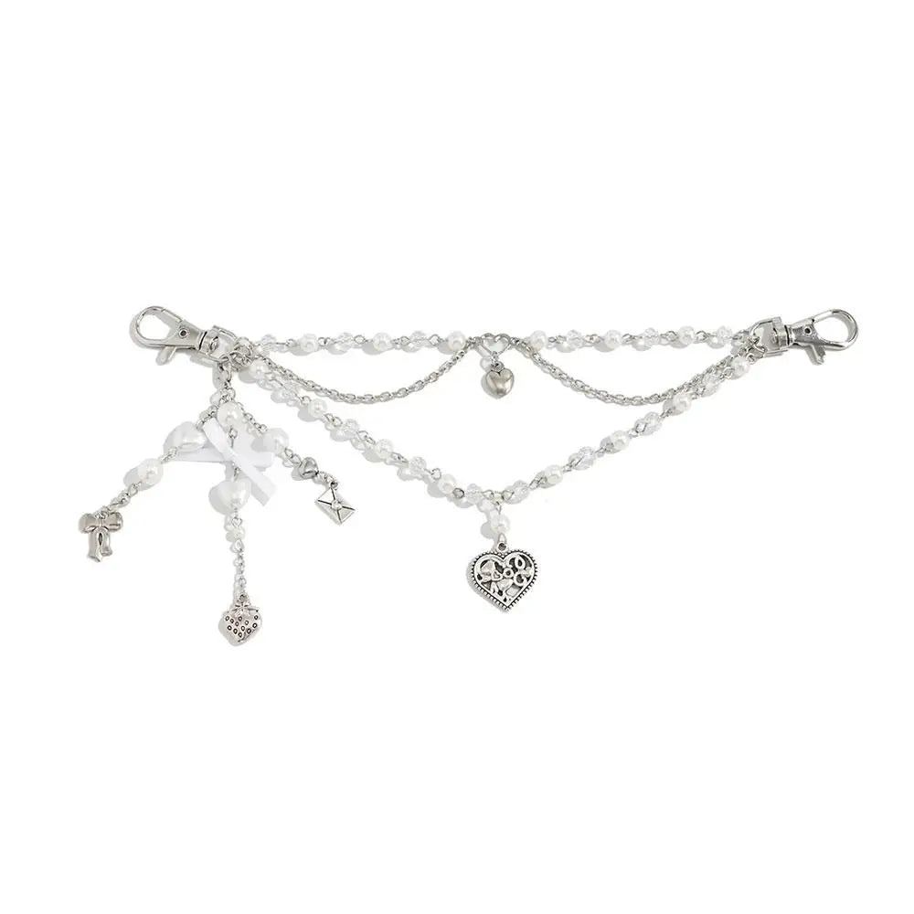 Y2K Pearl Bag Chain Strawberry Love Heart Bow Pendant Chain Strap For Bags Multi-layer Bag Chain Handbag DIY Handles Accessories