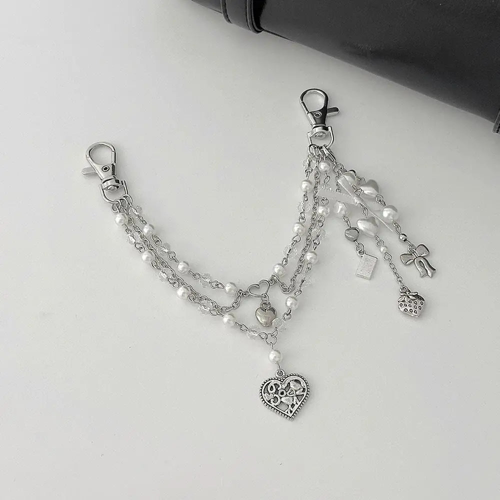 Y2K Pearl Bag Chain Strawberry Love Heart Bow Pendant Chain Strap For Bags Multi-layer Bag Chain Handbag DIY Handles Accessories