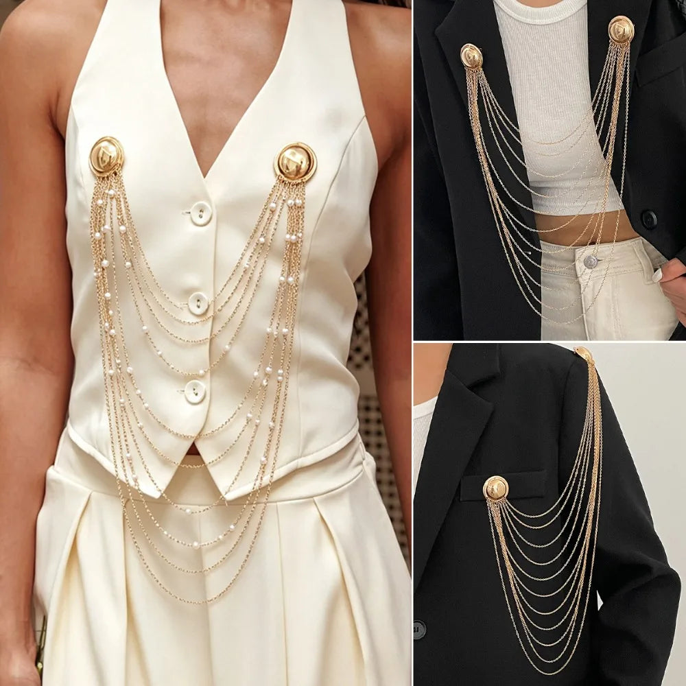 Double Round Buckle Pin Multi-layer Imitation Pearl Chain Long Tassel Brooches for Women Dress Decoration Suit Lapel Pin Jewelry