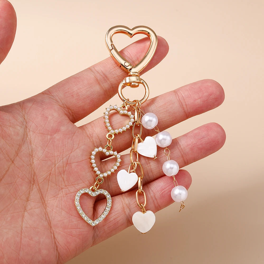 Aihua Cute Y2K Metal Shell Love Heart Key Chain Pearl Key Ring for Women Girl Handbag Pendants DIY Handmade Jewelry Accessories