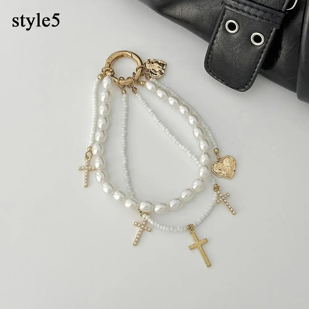 Y2K Pearl Bag Chain Strawberry Love Heart Bow Pendant Chain Strap For Bags Multi-layer Bag Chain Handbag DIY Handles Accessories