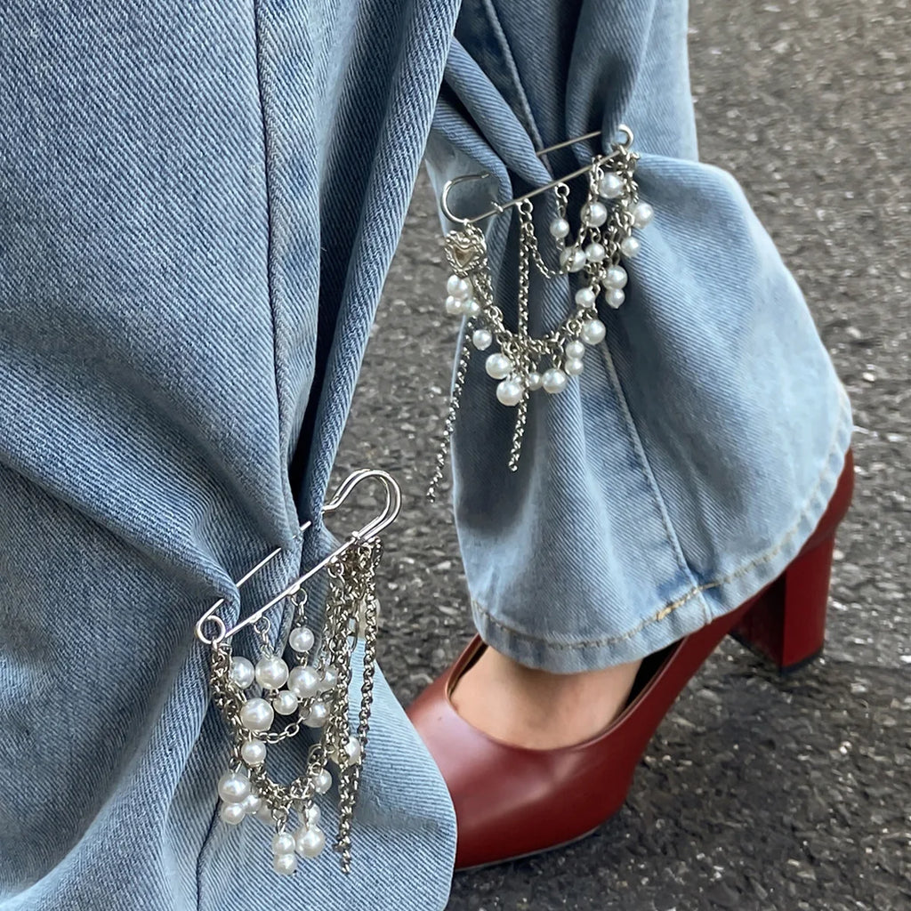 Creative Detachable Imitation Pearl Tassel Brooch Adjustable Trousers Jeans Safety Pin Convenient Versatile Clothing Accessories