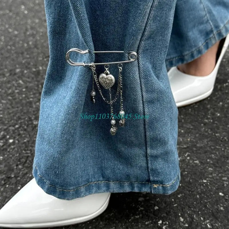 R53F Pants Shortener Pin Alloy Tassels Safety Pin Decorative Brooch For Clothing Jeans Bag Decoration Sewing Accessories