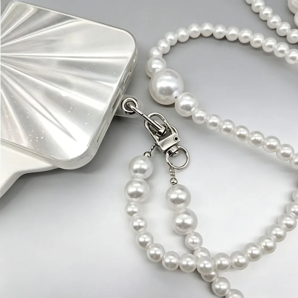 White Pearl Beaded Phone Crossbody Strap Fashion Hands-Free Shoulder Phone Long Lanyard for Women Universal Cell Phone Chains