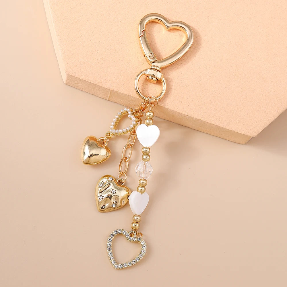 Aihua Cute Y2K Metal Shell Love Heart Key Chain Pearl Key Ring for Women Girl Handbag Pendants DIY Handmade Jewelry Accessories