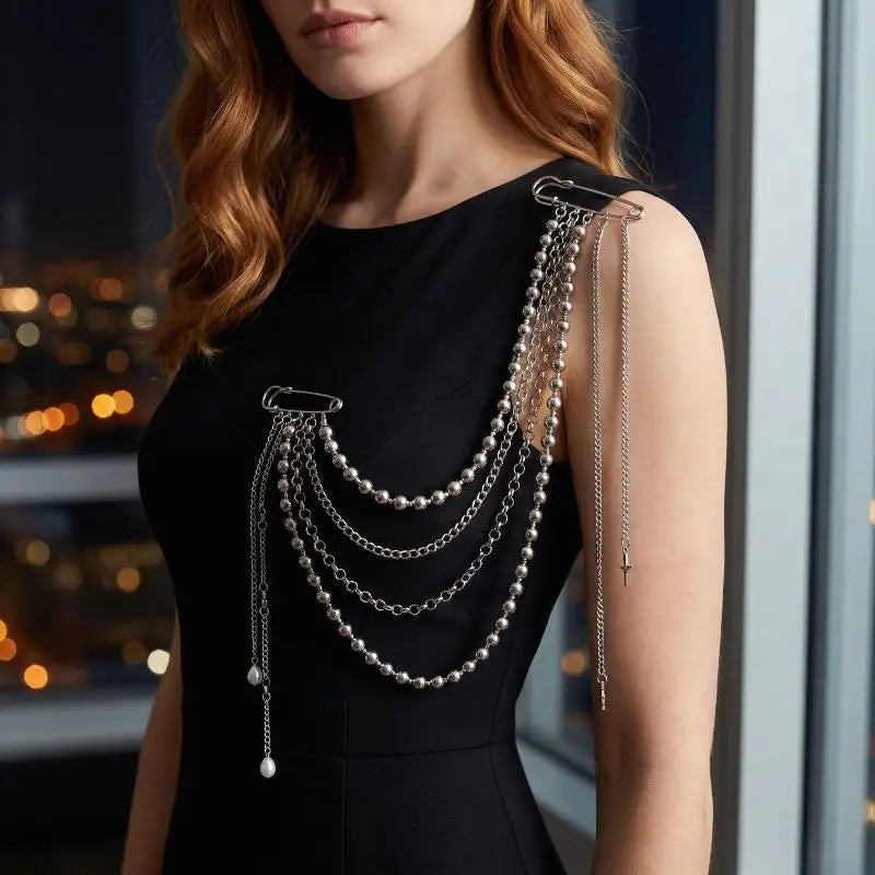 Women Elegant Luxury Pearl Pin Corsage Vintage Multi-layer Long Tassel Chain Brooch Safety Pins Party Jewelry Gift