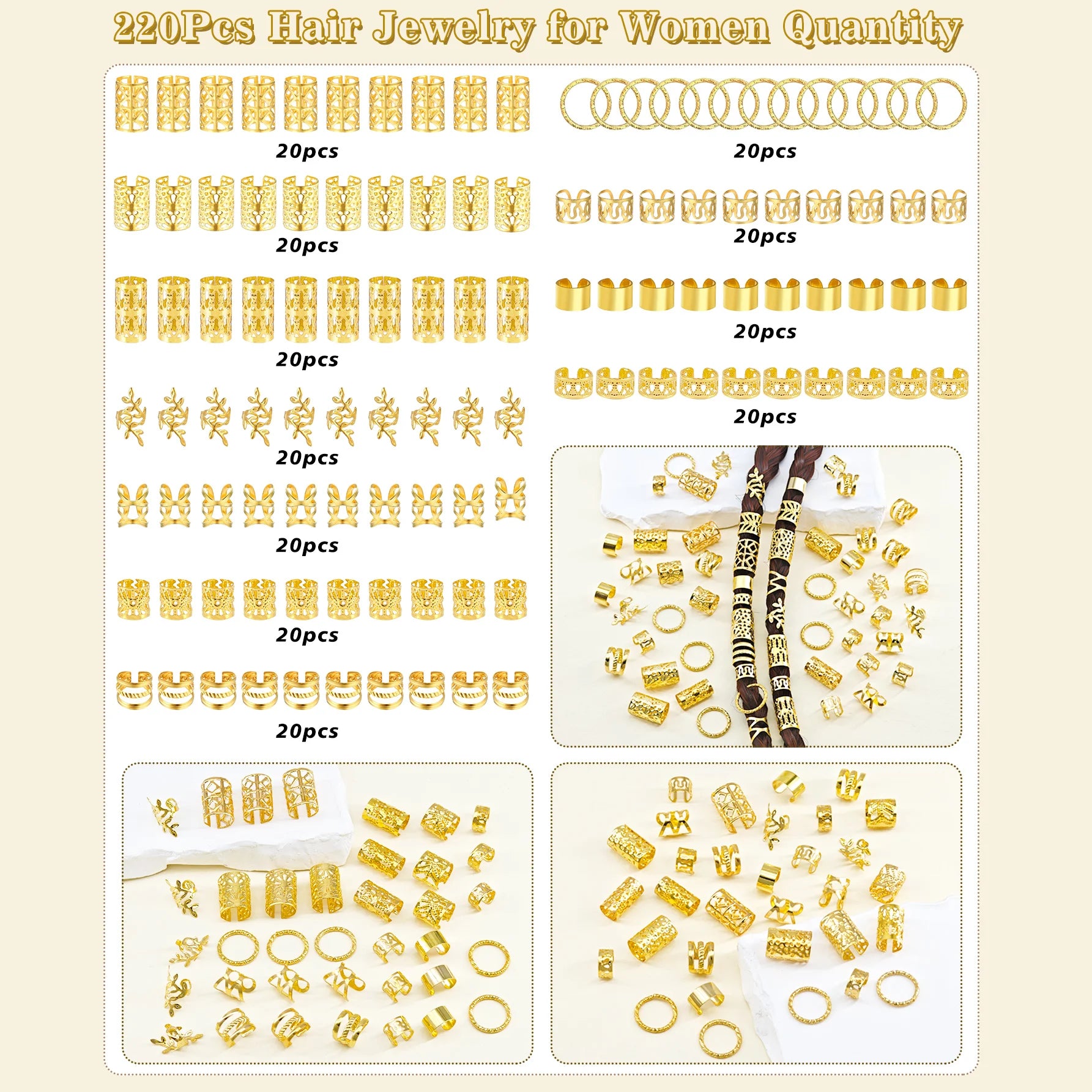 220pcs Elegant Golden Alloy Hair Jewelry for Braid Solid Color-Vintage-Inspired Accessories for Men&Women's Dreadlocks for party