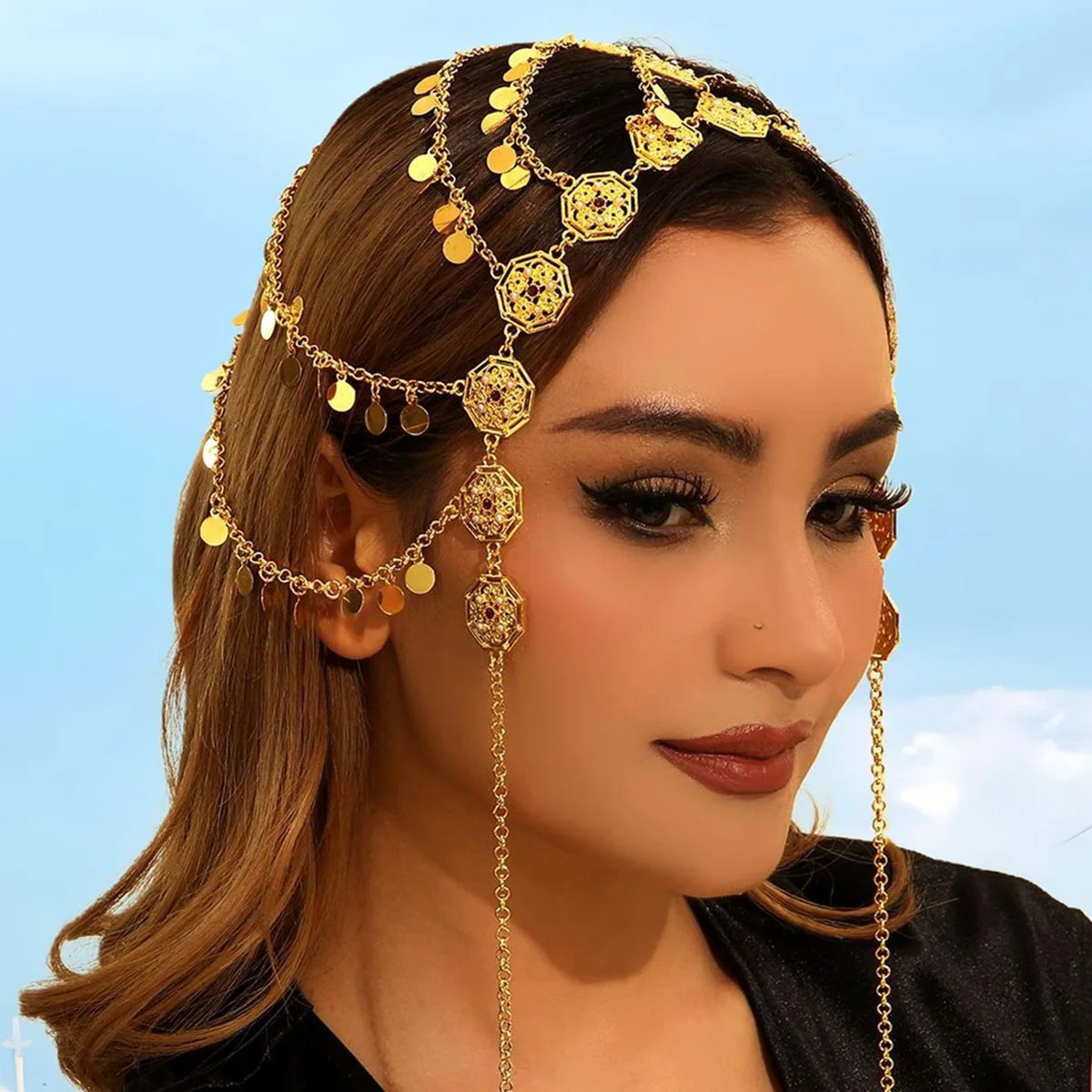 Creative Arabic Headwear: Popular in Middle East, Europe and America, Gold Alloy Coin Fringe Headband Hair Chain