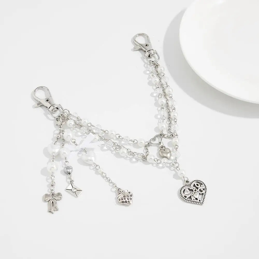 Y2K Pearl Bag Chain Strawberry Love Heart Bow Pendant Chain Strap For Bags Multi-layer Bag Chain Handbag DIY Handles Accessories