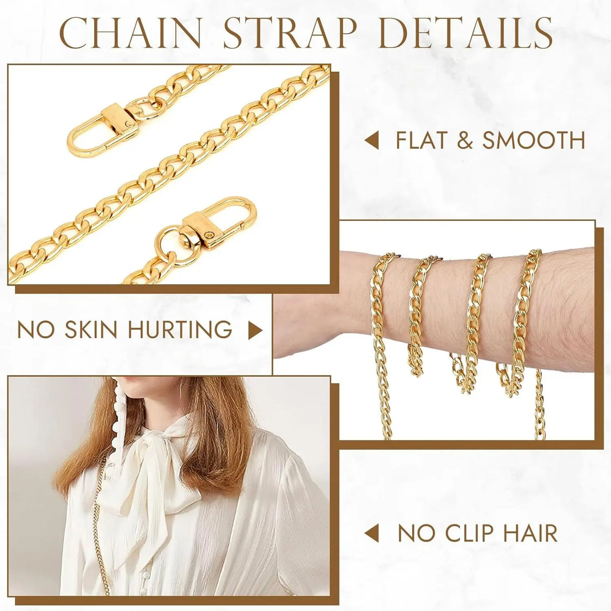 Purse Chain, Flat Bag Chain with Metal Buckles, Chain Purse Strap for DIY Purse, Wallet, Handbag, Shoulder Bag, Crossbody Bag
