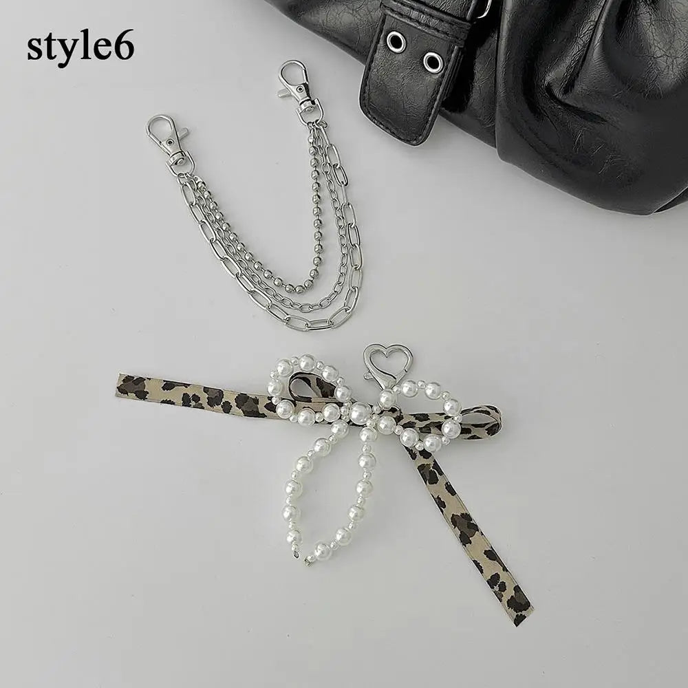 Y2K Pearl Bag Chain Strawberry Love Heart Bow Pendant Chain Strap For Bags Multi-layer Bag Chain Handbag DIY Handles Accessories
