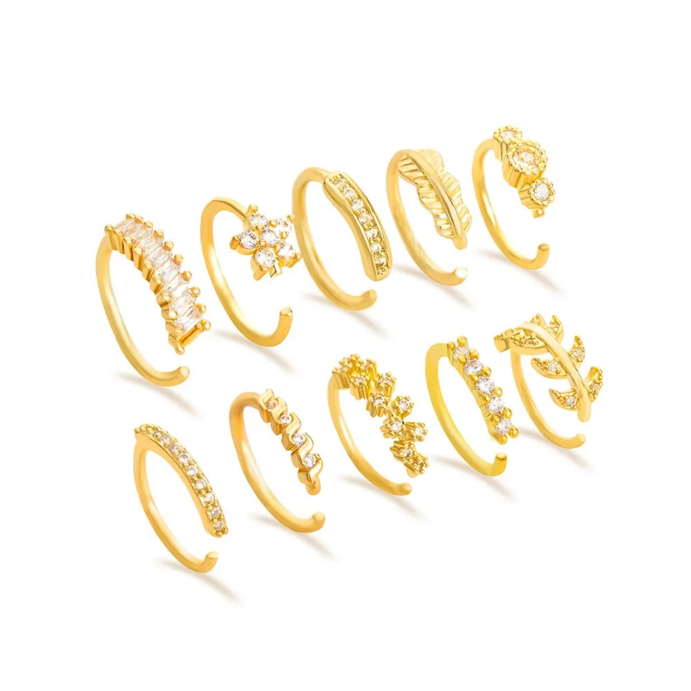 Hip-hop Rock Personality Shiny Inlaid Zircon Leaves Flowers No Piercing Nose Stud Nose Ring for Women Punk Jewelry Accessories