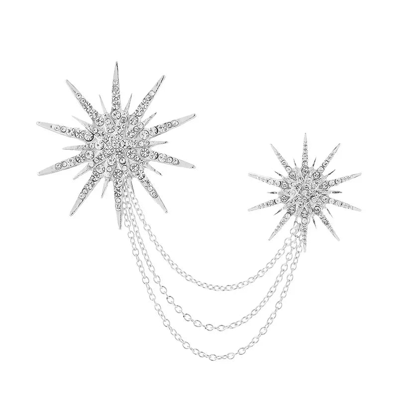 Vintage Crystal Star Snowflake Brooch for Men Tassel Chain Badge Fashion Suit Lapel Pins Elegant Jewelry Accessories