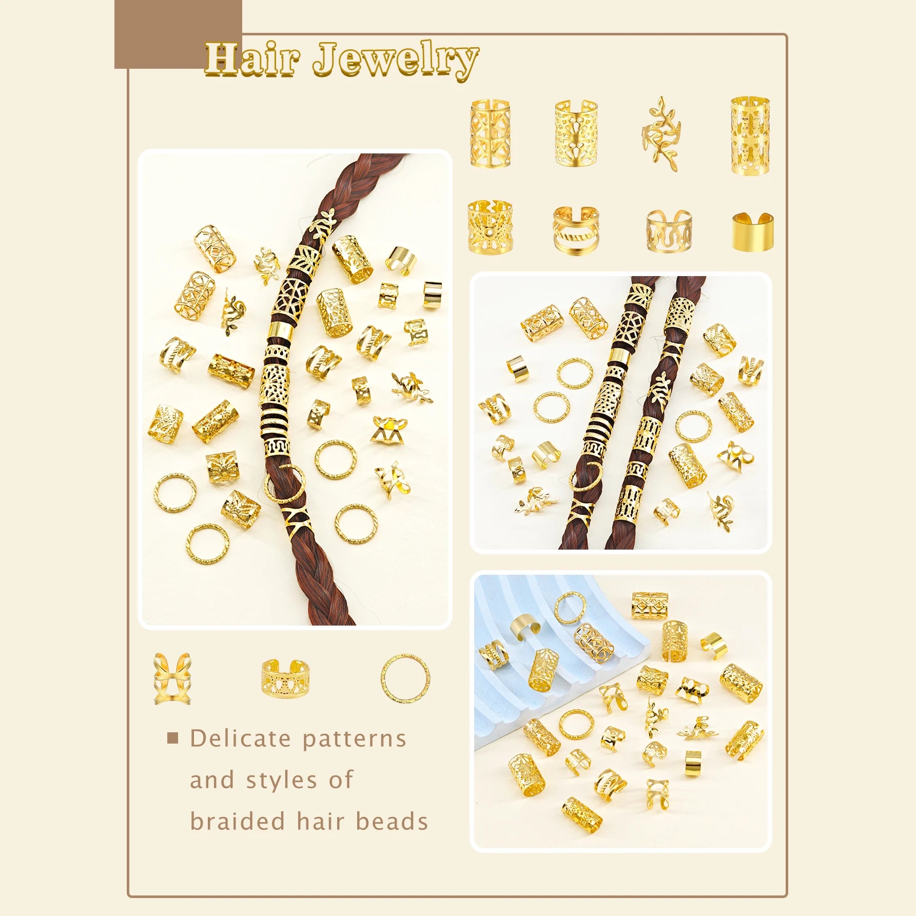 220pcs Elegant Golden Alloy Hair Jewelry for Braid Solid Color-Vintage-Inspired Accessories for Men&Women's Dreadlocks for party