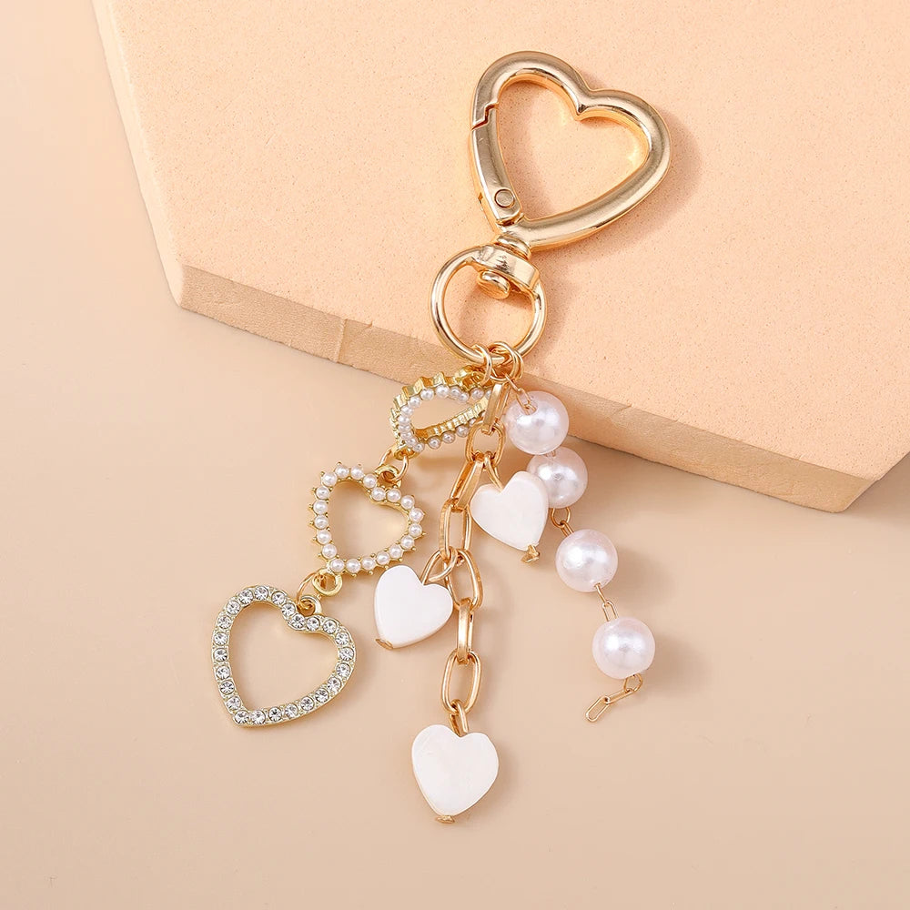 Aihua Cute Y2K Metal Shell Love Heart Key Chain Pearl Key Ring for Women Girl Handbag Pendants DIY Handmade Jewelry Accessories