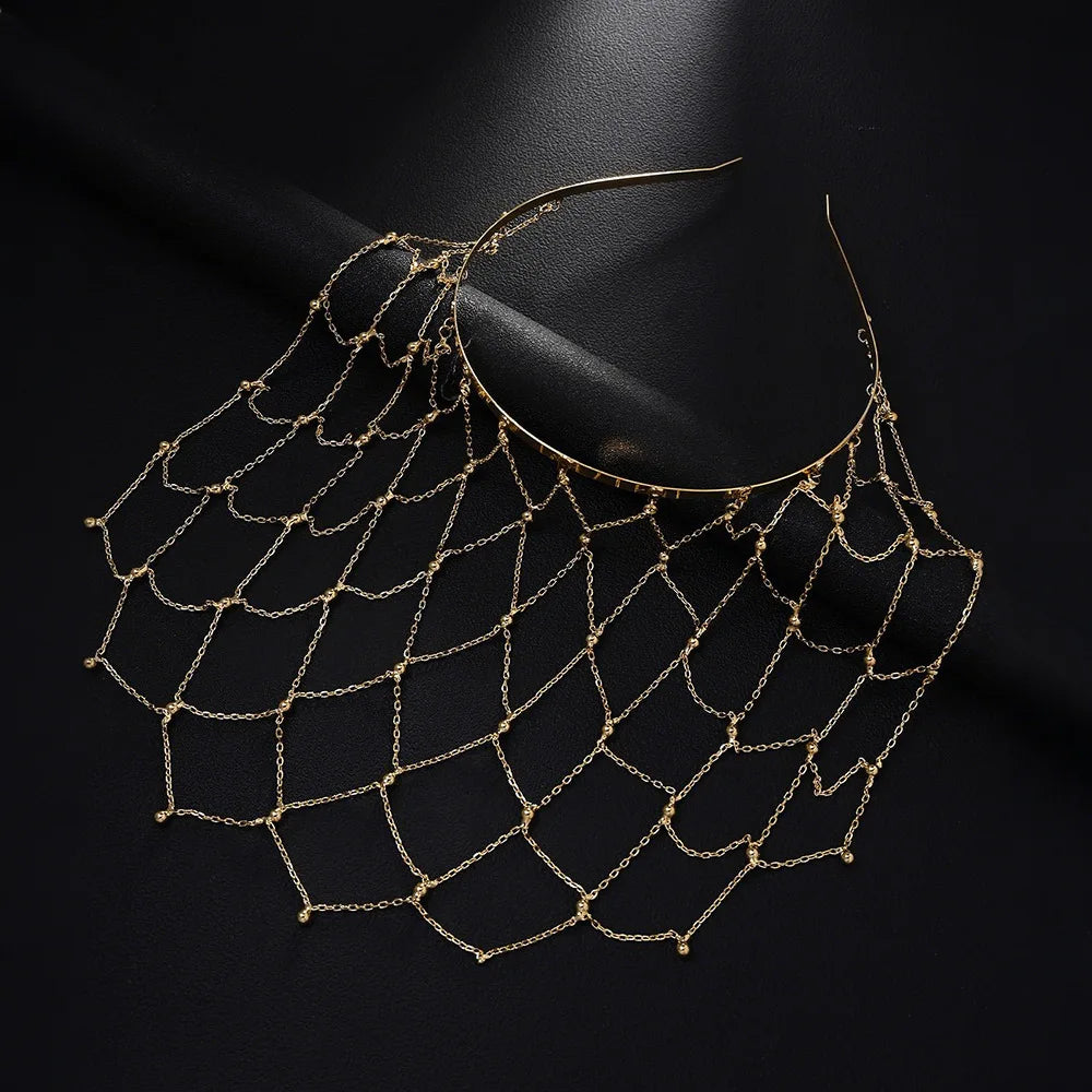 Handmade Hollow Mesh Headpiece Cap Belly Dance Hair Accessories Fashion Design Tassel Metal Head Chain Hat Wedding Jewelry Gift