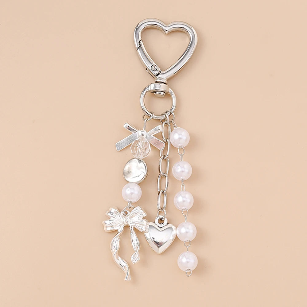Aihua Cute Y2K Metal Shell Love Heart Key Chain Pearl Key Ring for Women Girl Handbag Pendants DIY Handmade Jewelry Accessories