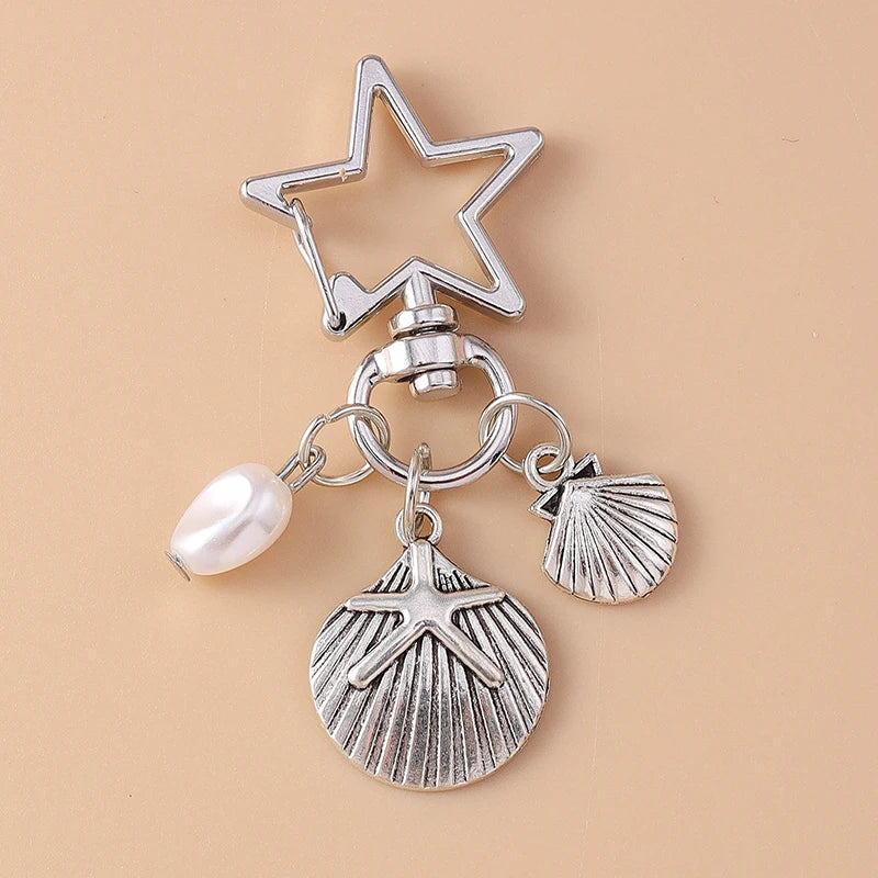 Aihua Cute Y2K Metal Shell Love Heart Key Chain Pearl Key Ring for Women Girl Handbag Pendants DIY Handmade Jewelry Accessories